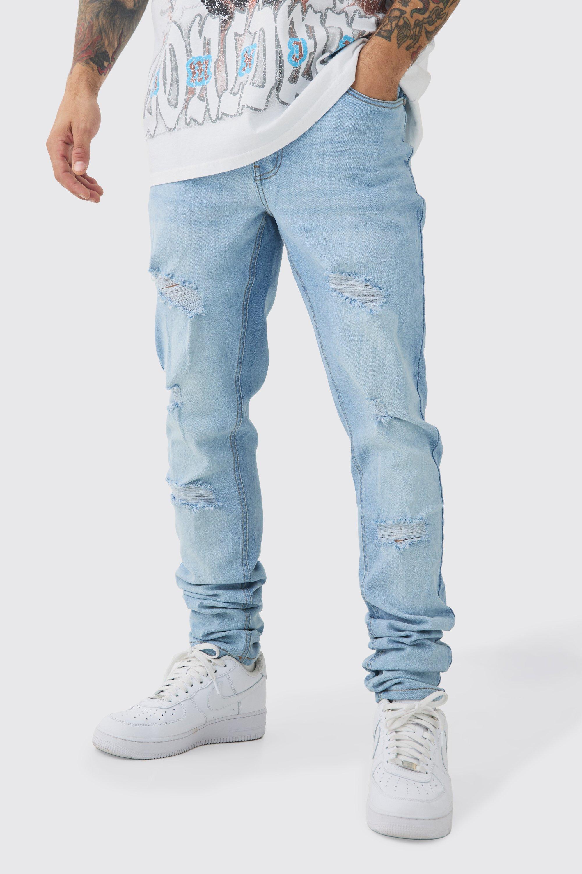 Mens Blue Skinny Stretch Stacked Ripped Jeans, Blue